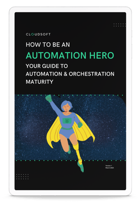 White tablet showing black background with superwoman and text reading how to be an automation hero-