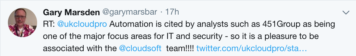 Gary Marsden of Gemalto tweets about Cloudsoft and the Hackathon