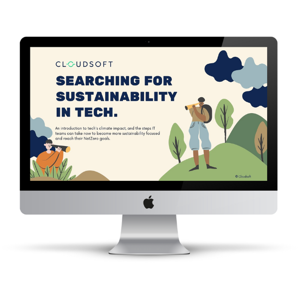 Searching for sustainability in tech ebook cover in a Mac monitor Searching for sustainability in tech ebook cover in a Mac monitor