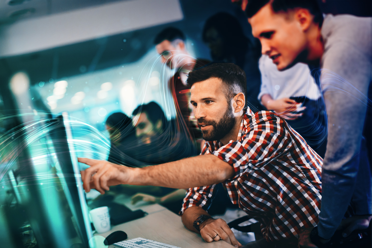 Man pointing at screen