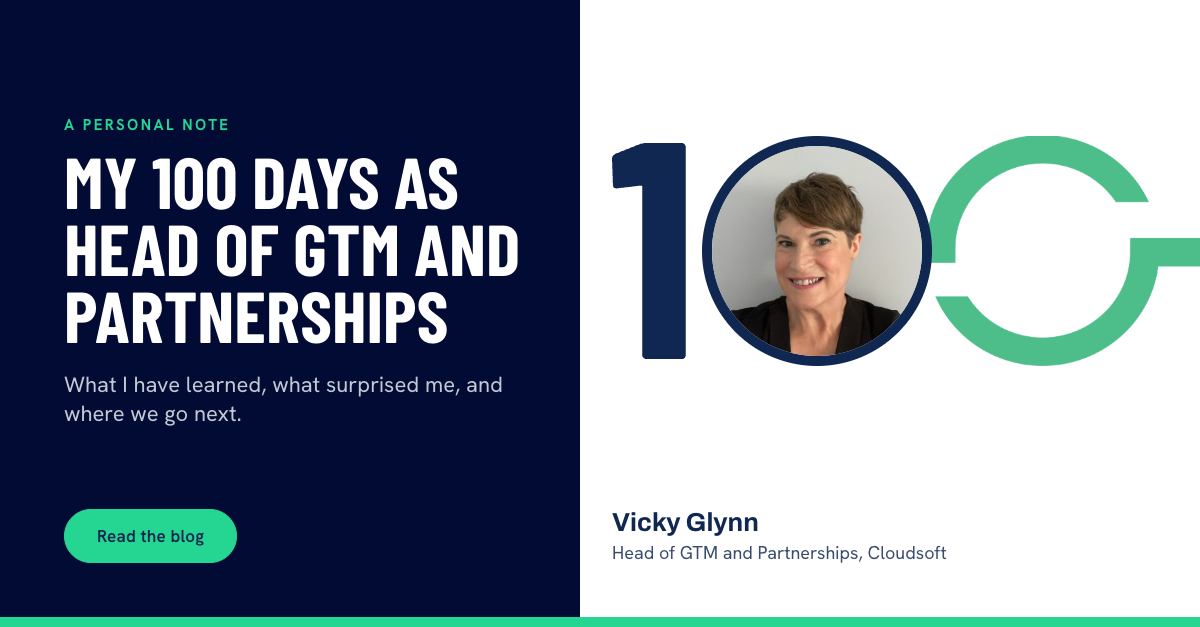 Vicky Glynn, Head of GTM and Partnerships at Cloudsoft, smiling in a circular photo that forms one of the zeros in a large 
